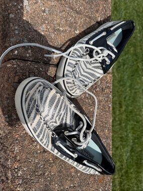 Sperry Black and White Sequin Zebra Print Boat Shoes